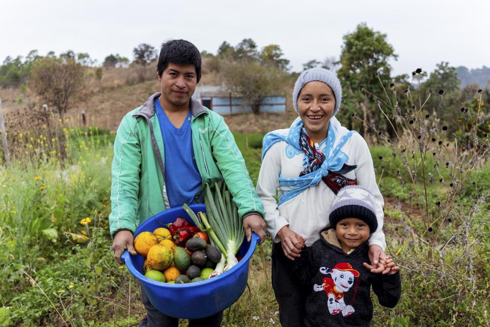 Family from Guatemala hold their crops