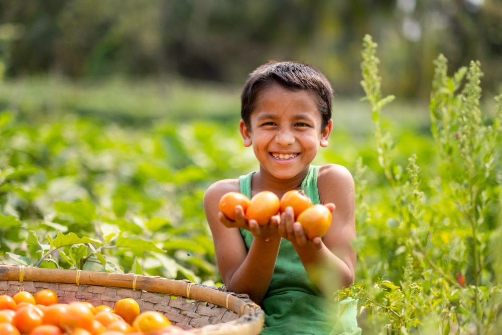 Little boy from Bangladesh holds oranges and smiles
