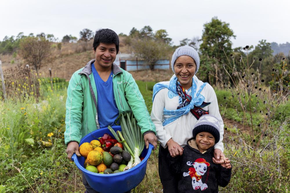 Raúl y Lilian Chanchávac posan con su hijo con un cesto lleno de verduras.  
