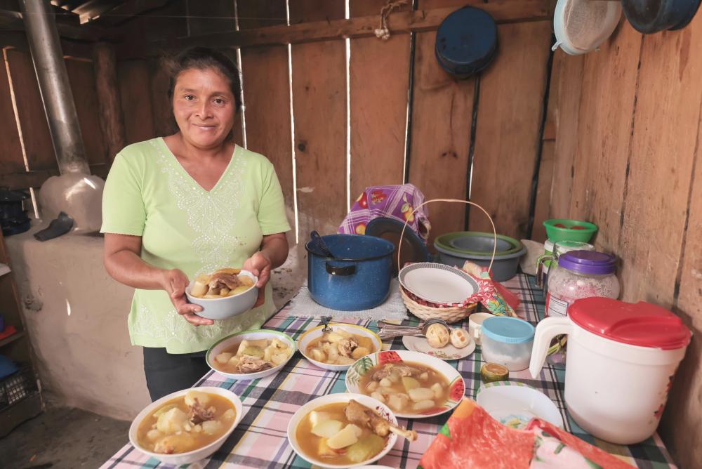 Mujer sirve sopa de pollo y verduras en platos mientras sonríe a la cámara 