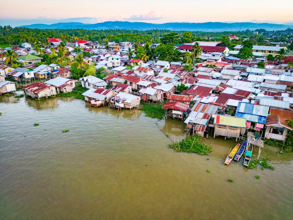 A neighborhood with homes partially flooded